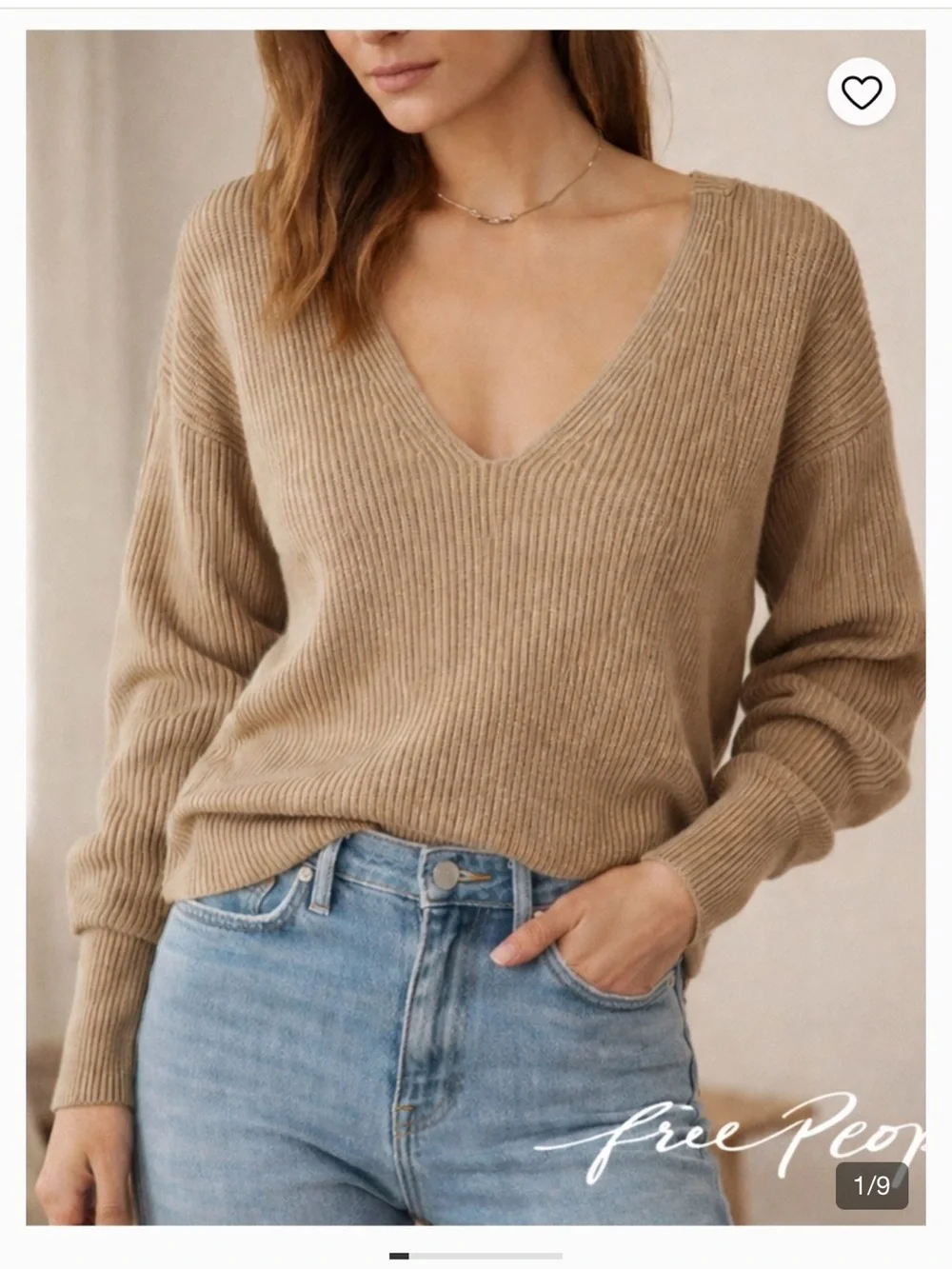 Free People ALLURE COTTON V-Neck Ribbed Pullover in Camel